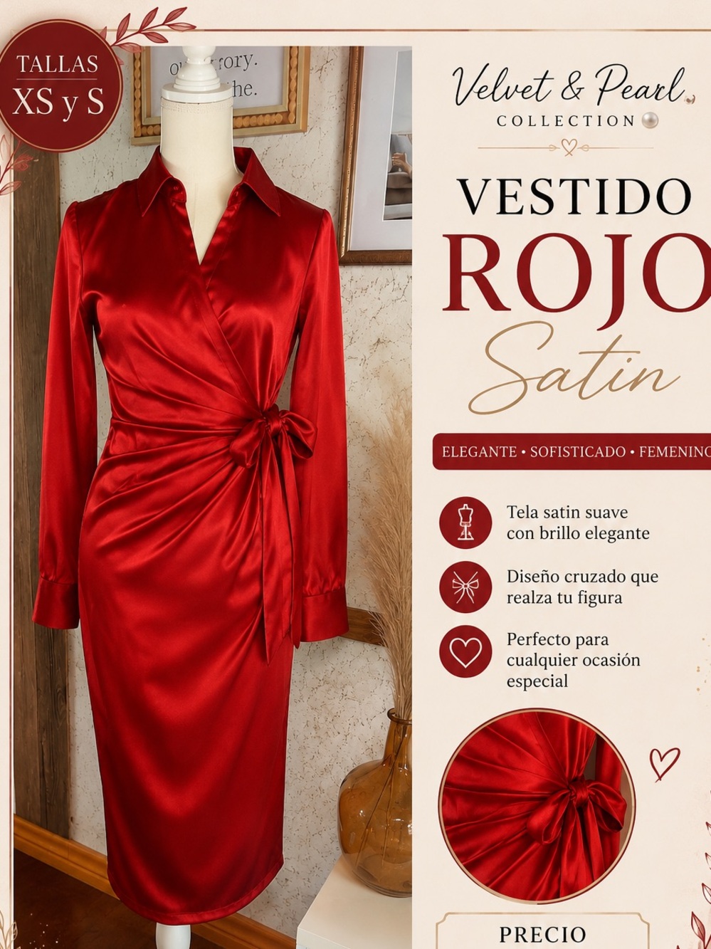 Red satin wrap MIDI | Long sleeve tie waist elegant